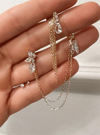 KRİSTAL TAŞLI TASARIM ZİNCİR ÇİFT DELİK KÜPE