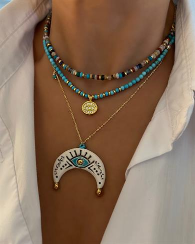 SERAMİK & GÜMÜŞ AY KOLYE