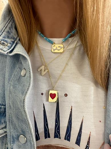 TURKUAZ PLAKA AŞK YAZILI KOLYE