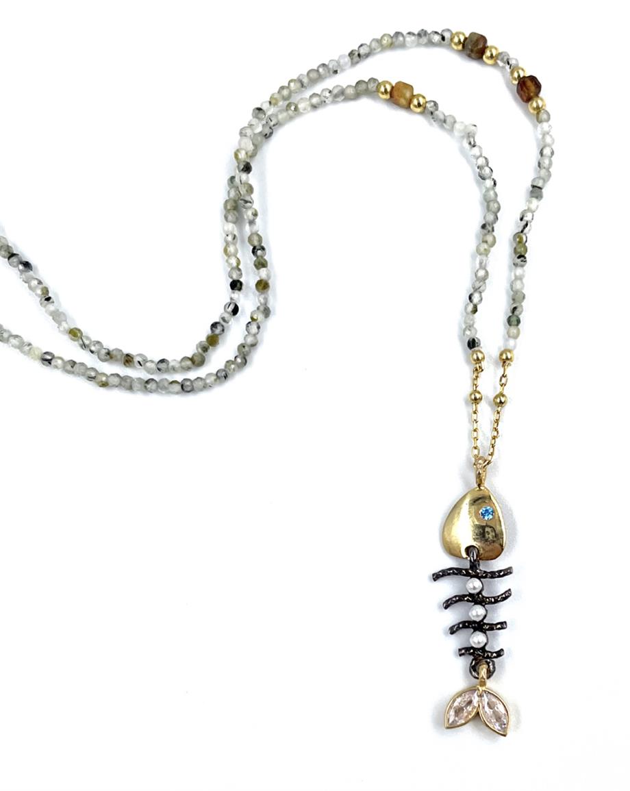 DOĞAL TAŞ GÜMÜŞ BALIK KOLYE