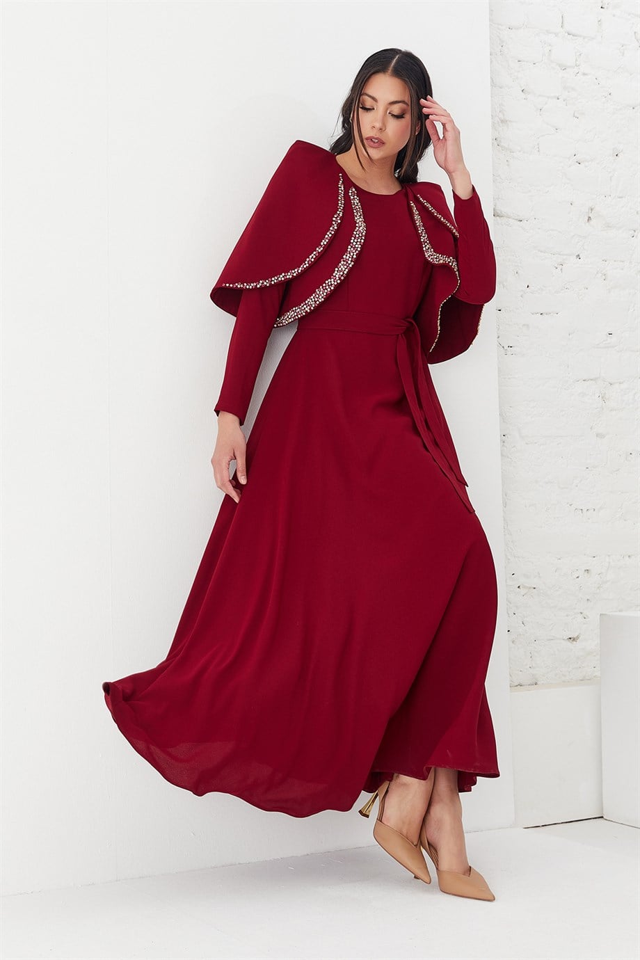 Bolero Yakalı Uzun Elbise Bordo