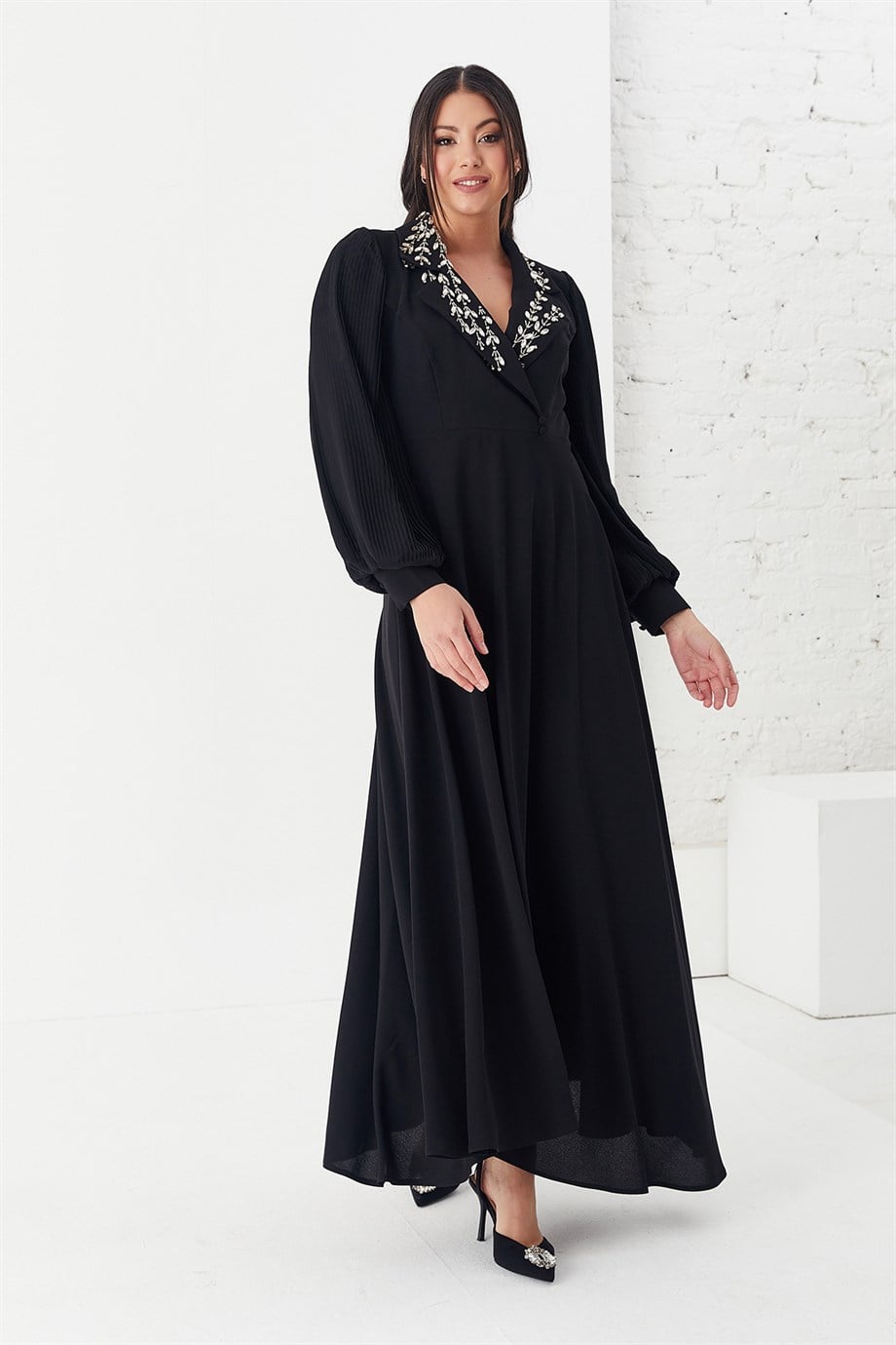 Ceket Yaka Taş İşlemeli Elbise Siyah