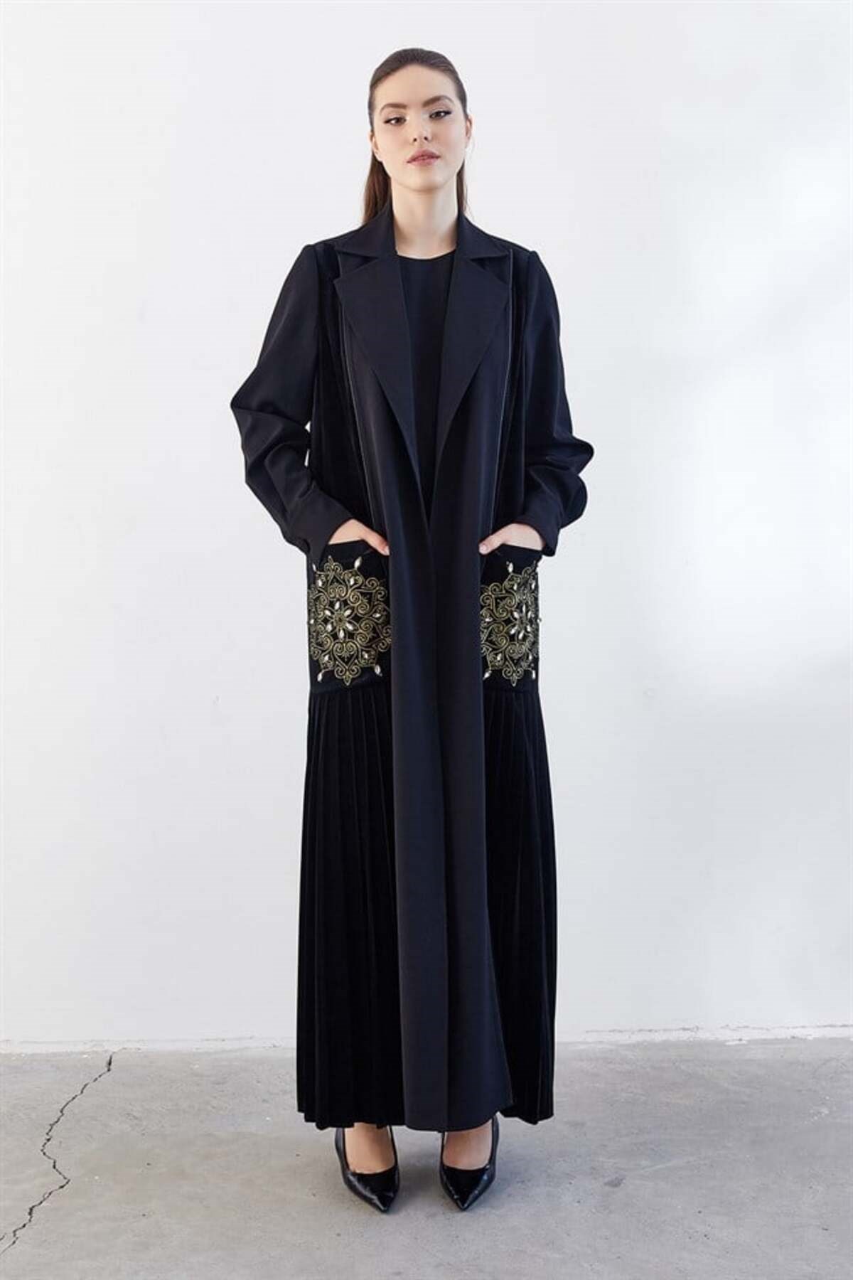 Cep Taş İşlemeli Abaya İkili Takım Siyah