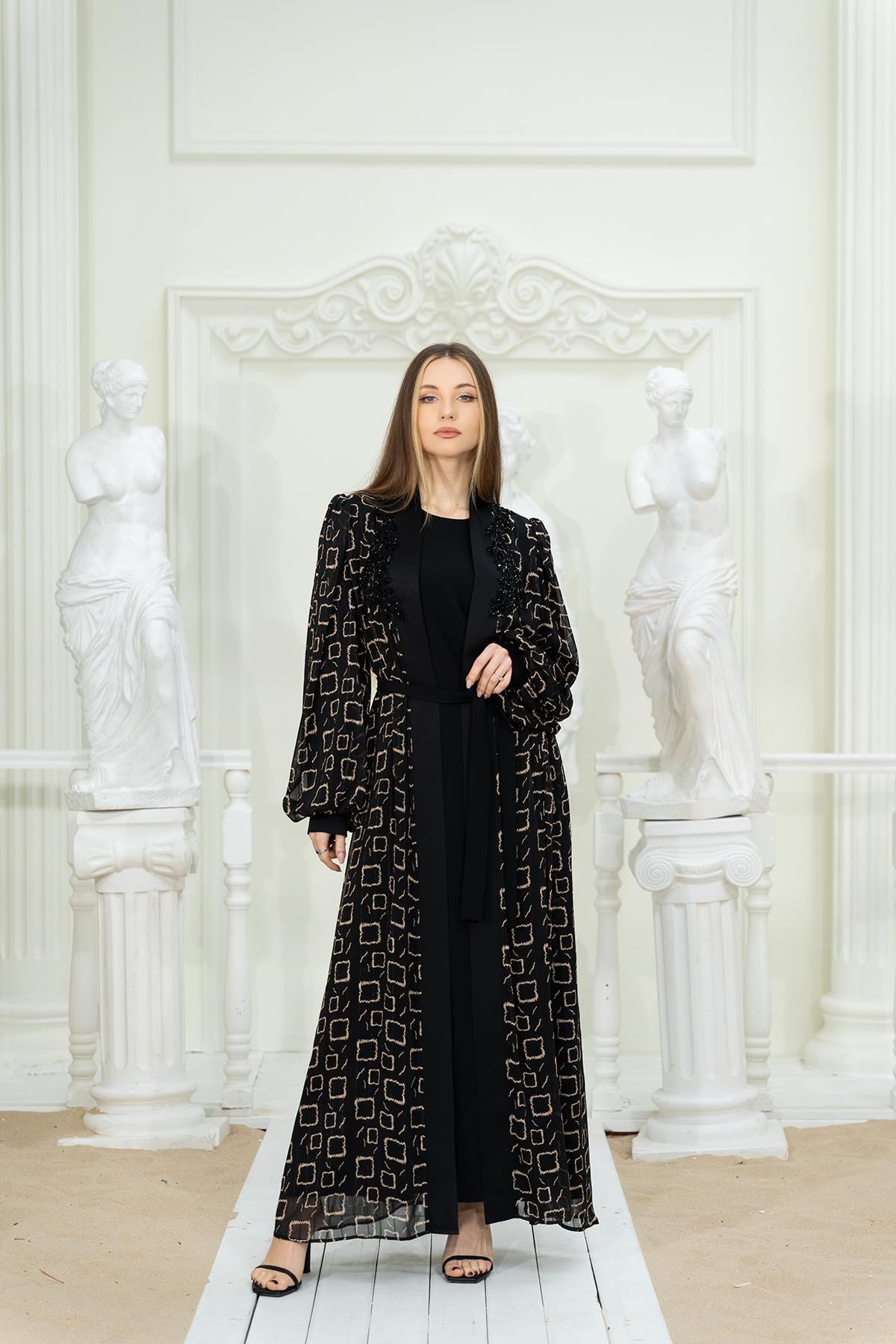 Dijital Baskılı Abaya Elbise Siyah