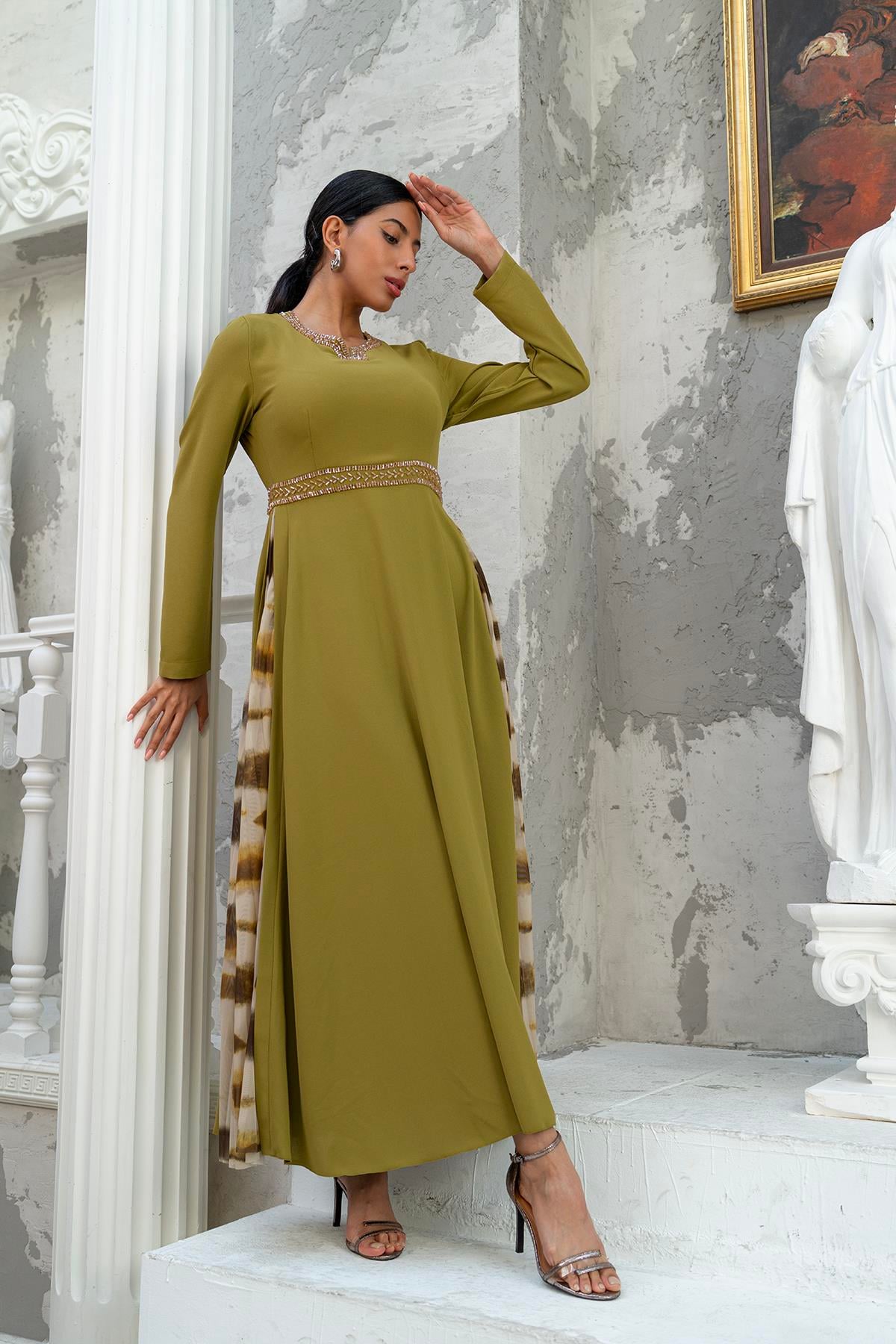 Dijital Baskılı Pliseli Elbise Yeşil