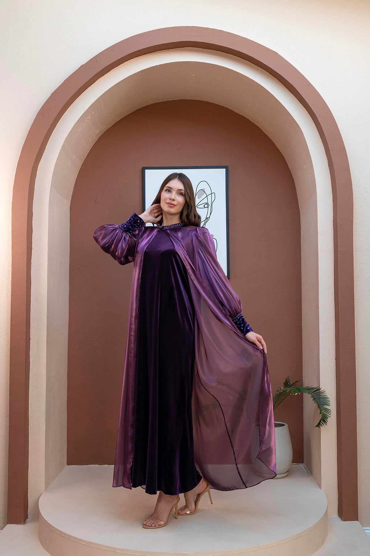 El İşlemeli Abaya Elbise İkili Takım Mor