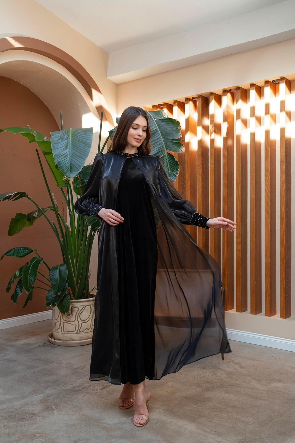 El İşlemeli Abaya Elbise İkili Takım Siyah