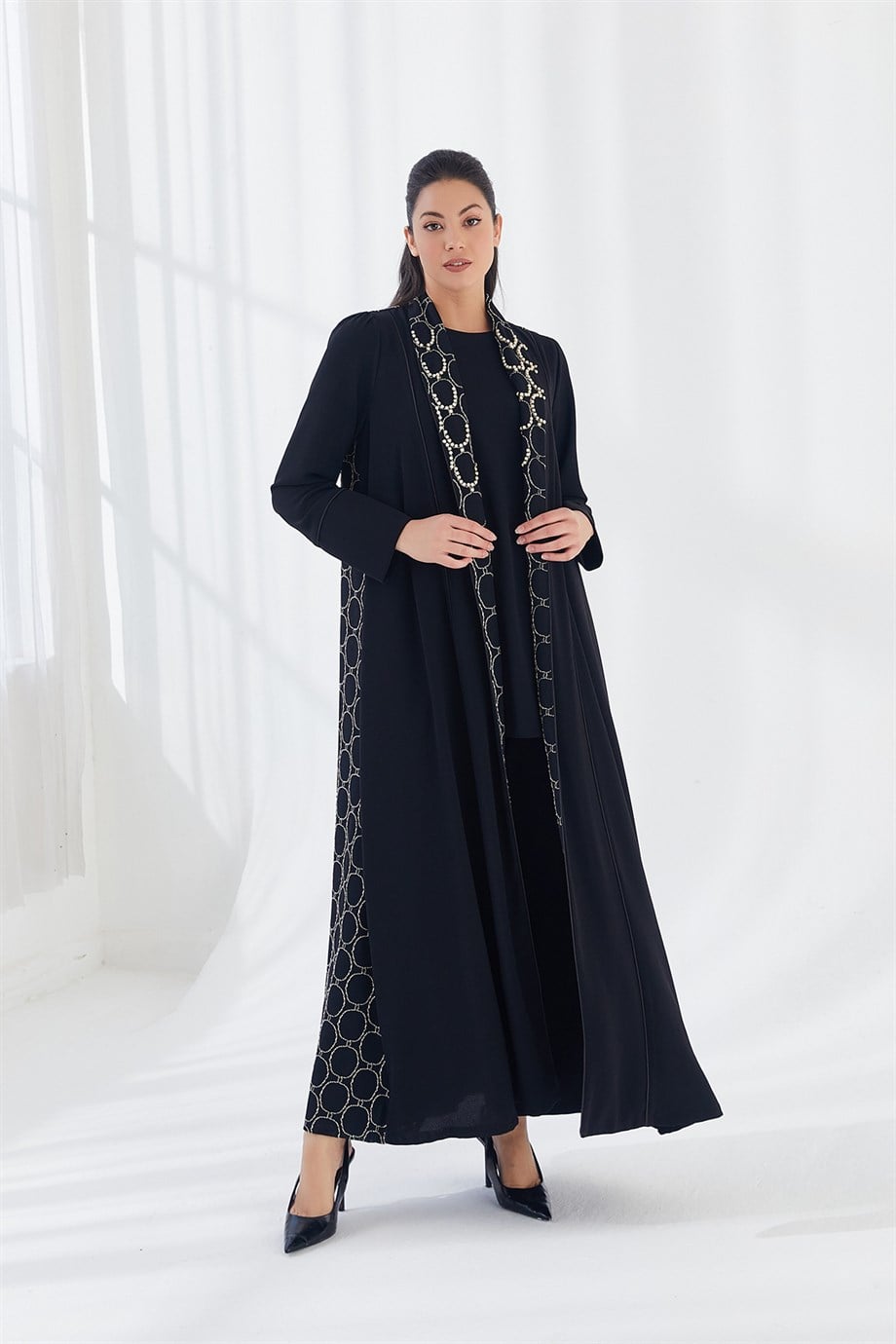 İnci İşlemeli Abaya Üçlü Takım Siyah