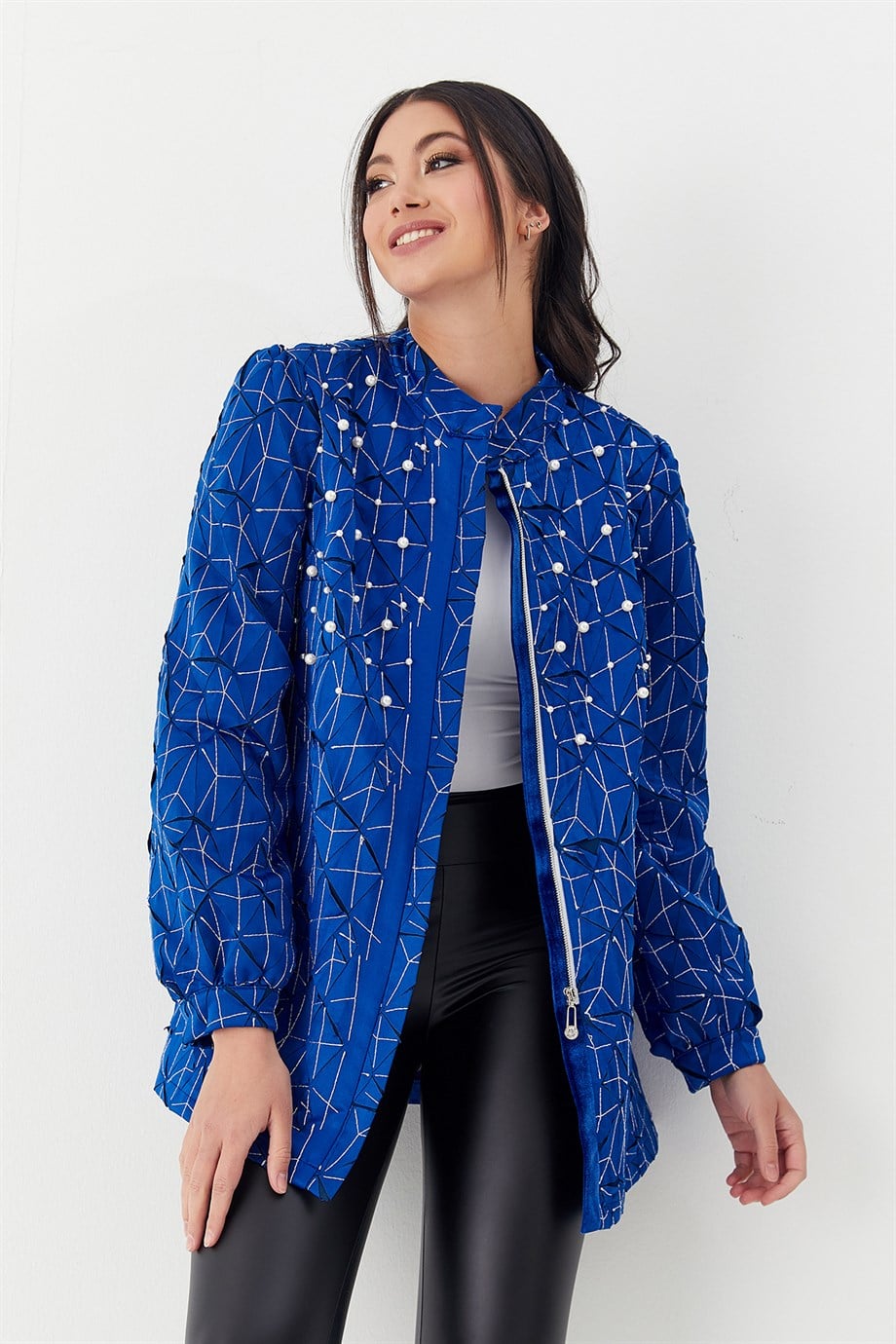 İnci İşlemeli Ceket Mavi