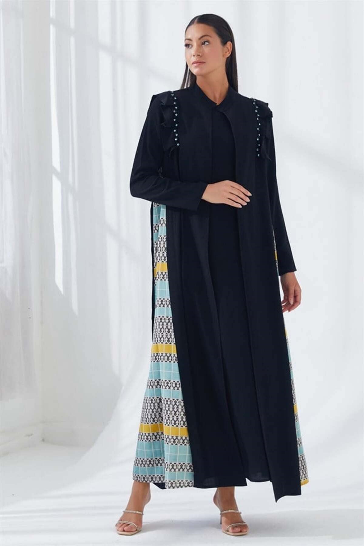 İnci İşlemeli Elbise Abaya İkili Takım Siyah