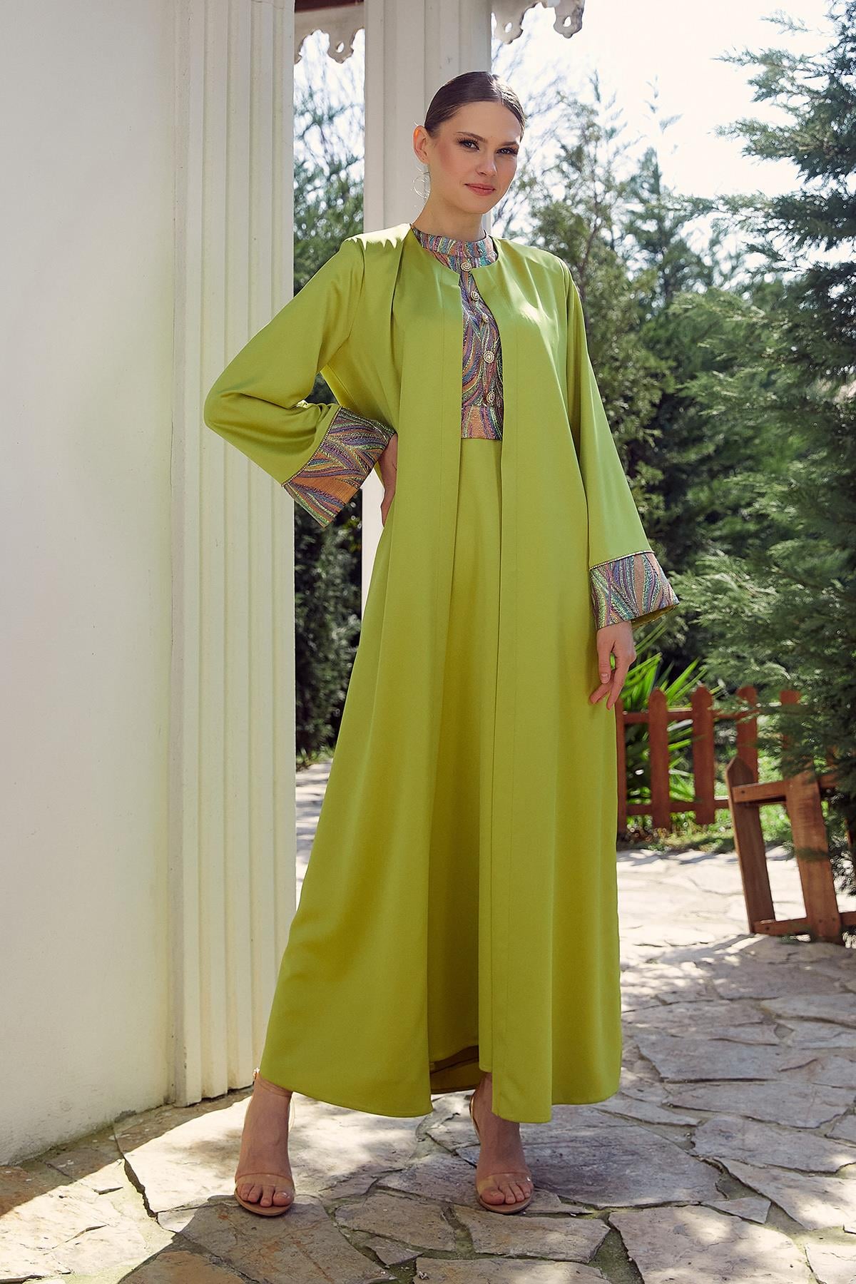 Jakar Desenli Ebise Abaya Takım Yeşil