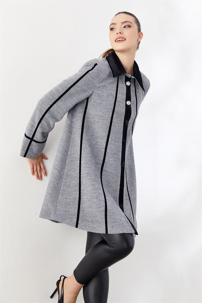 Kadife Şeritli Uzun Kaban Gri