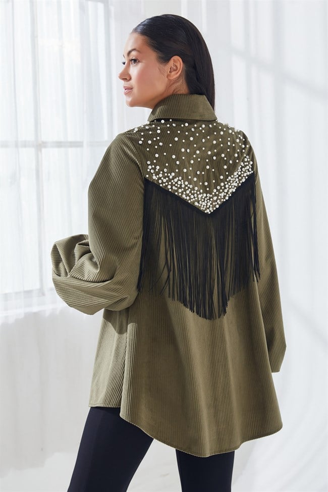 Kadife Taş İşlemeli Gömlek Haki