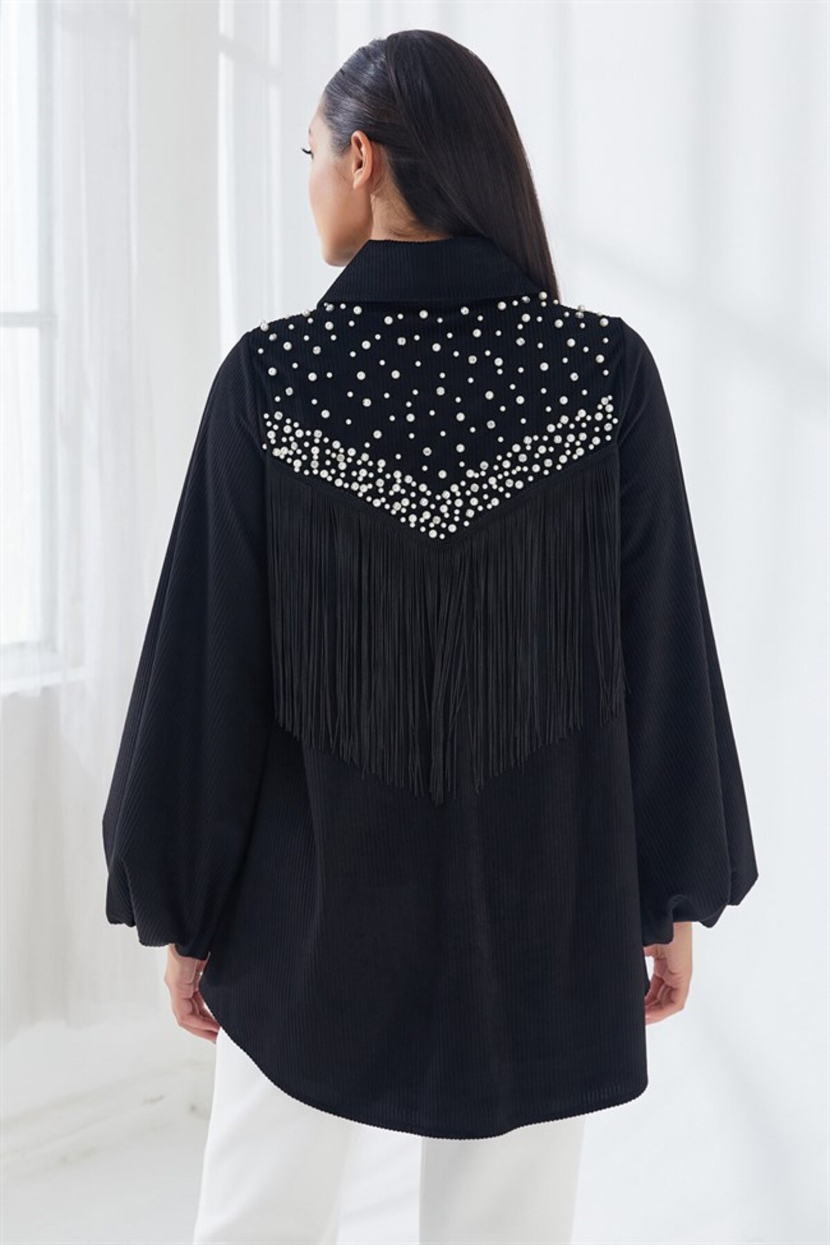 Kadife Taş Işlemeli Gömlek Siyah