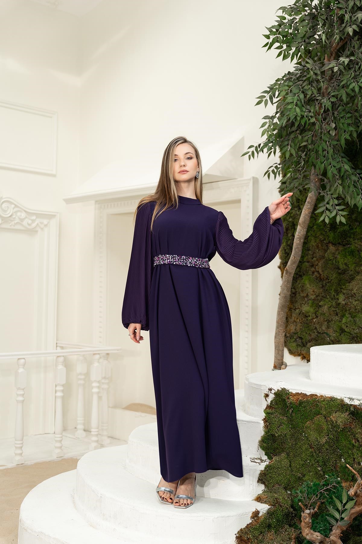 Kemeri El İşlemeli Elbise Mor