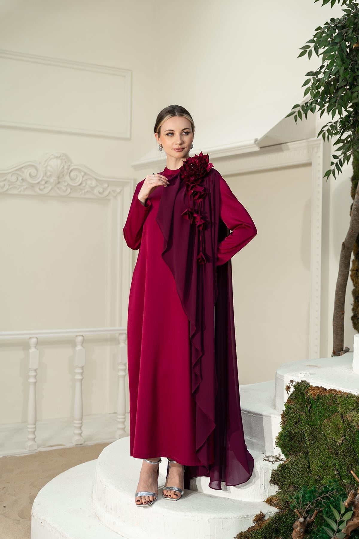 Lazer Çiçekli Elbise Bordo