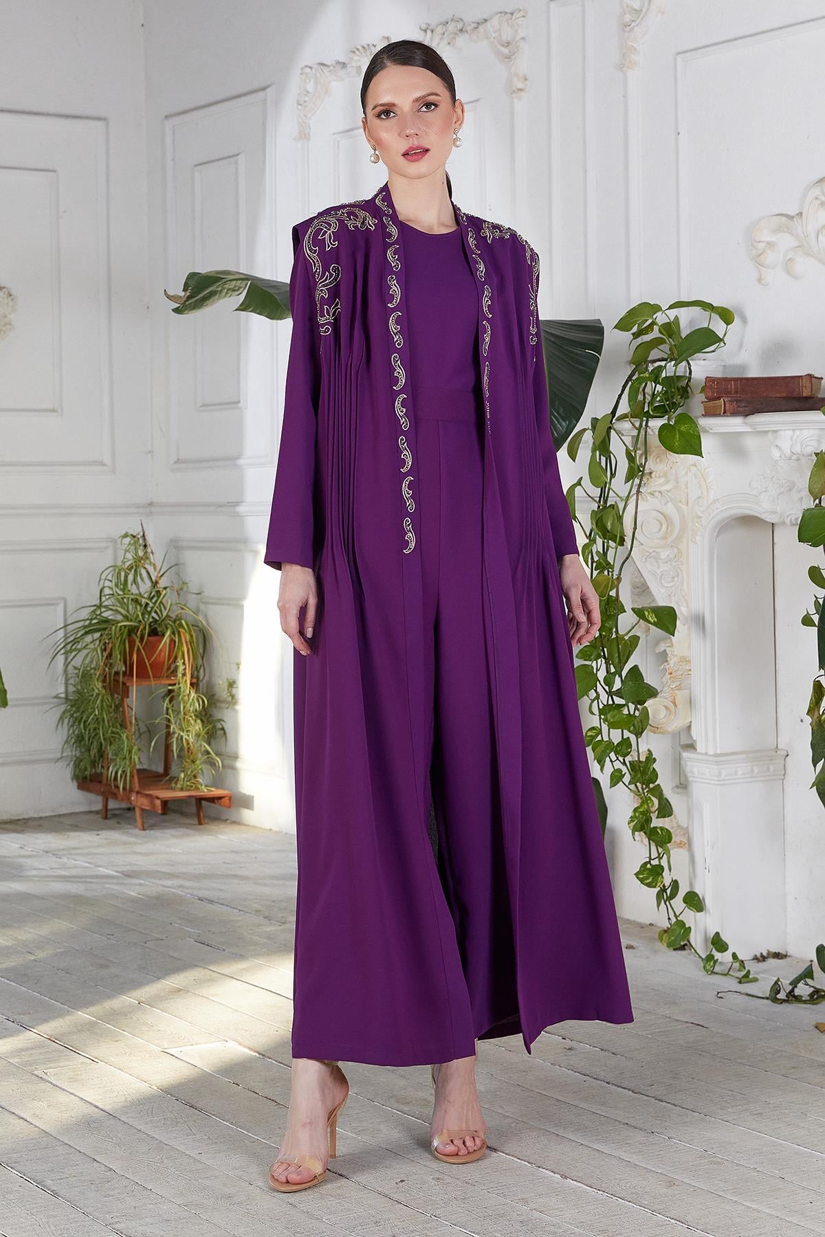 Nakışlı Tulum Abaya İkili Takım Mor