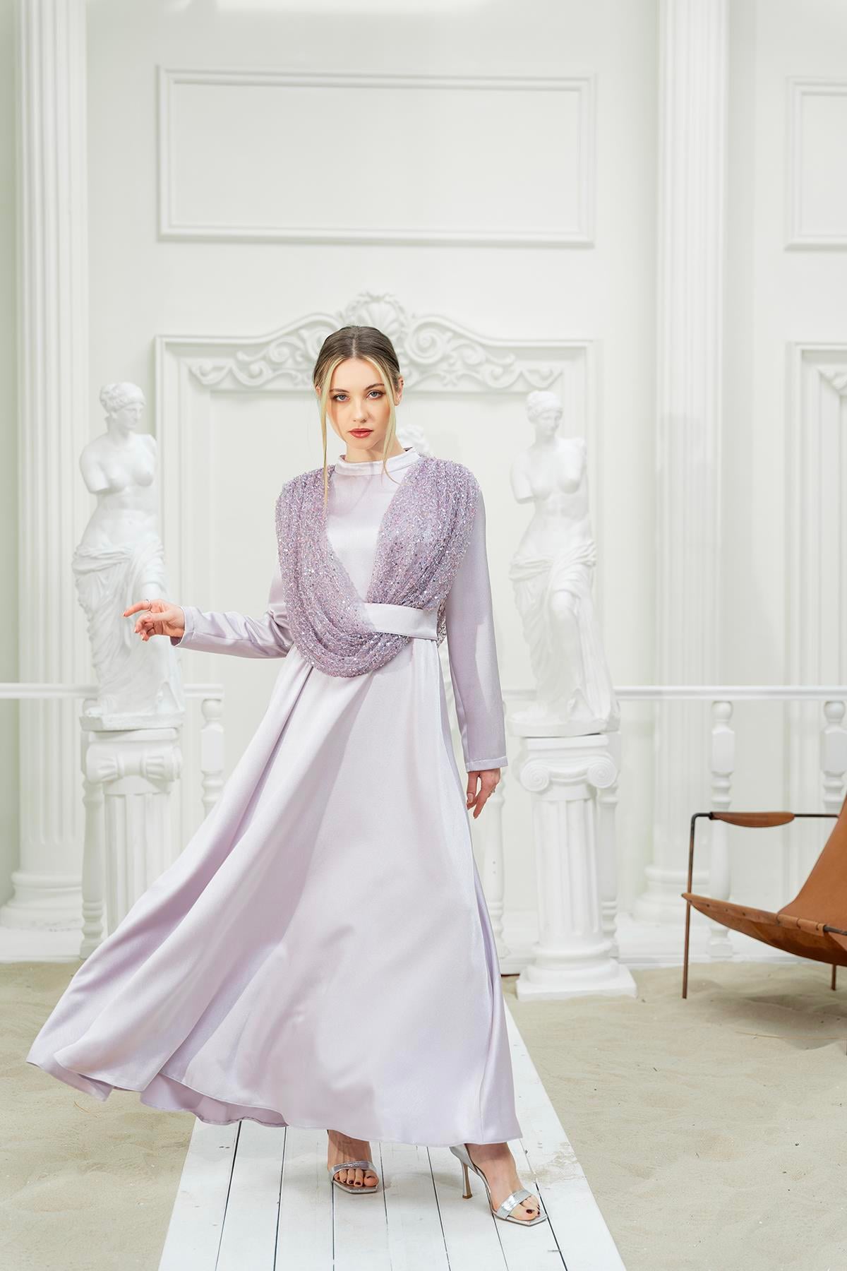 Omuzdan Şallı Elbise Lila