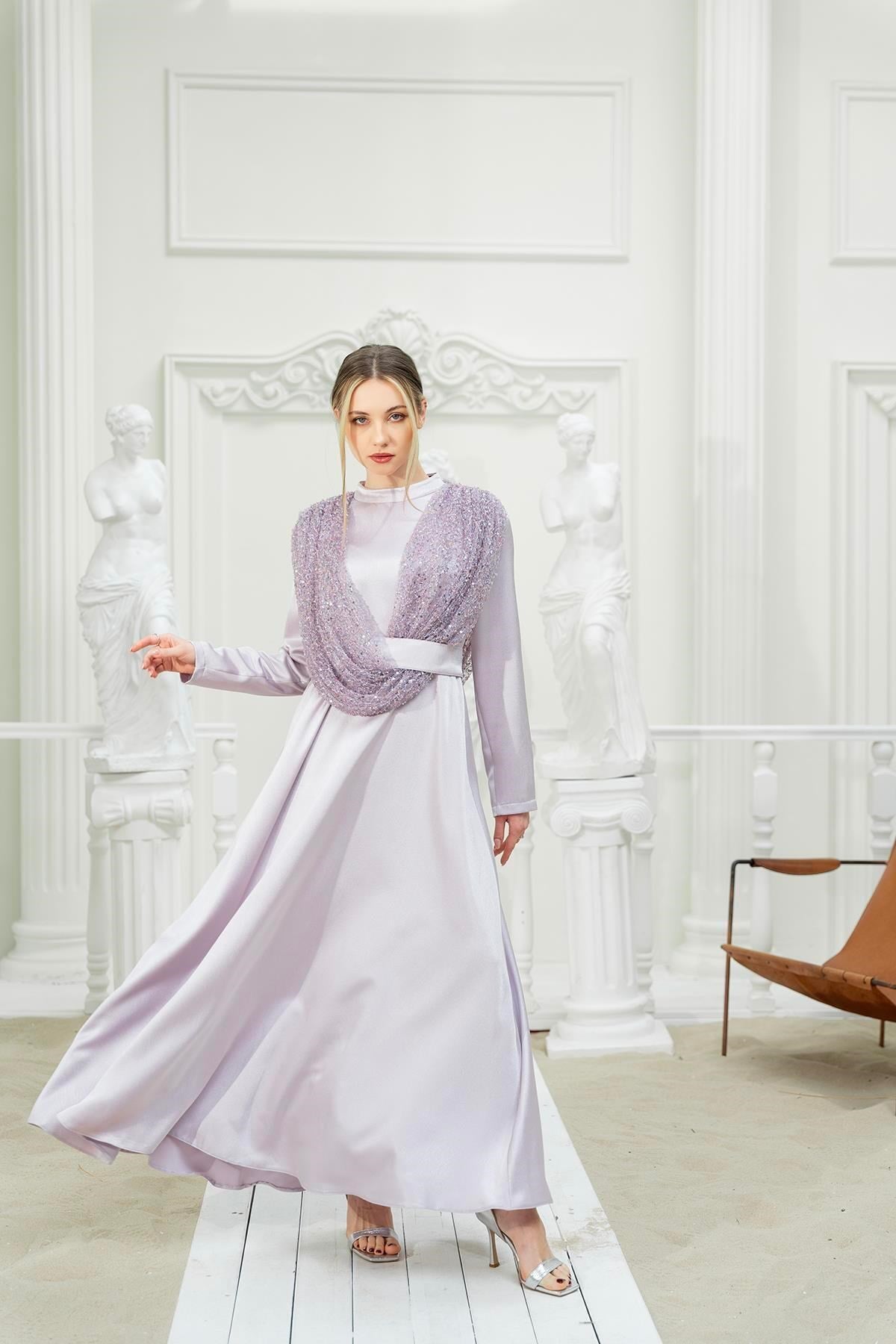 Omuzdan Şallı Elbise Lila