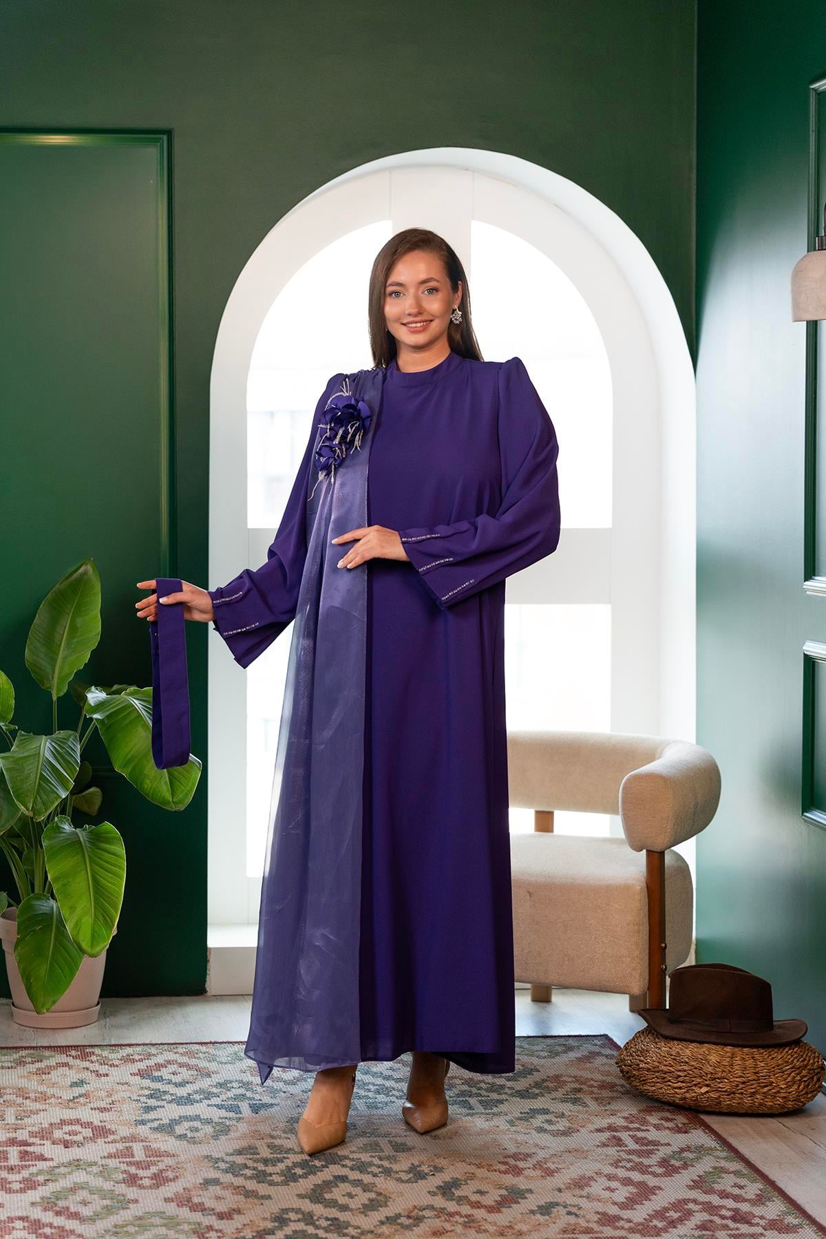 Organze Şallı Elbise Mor