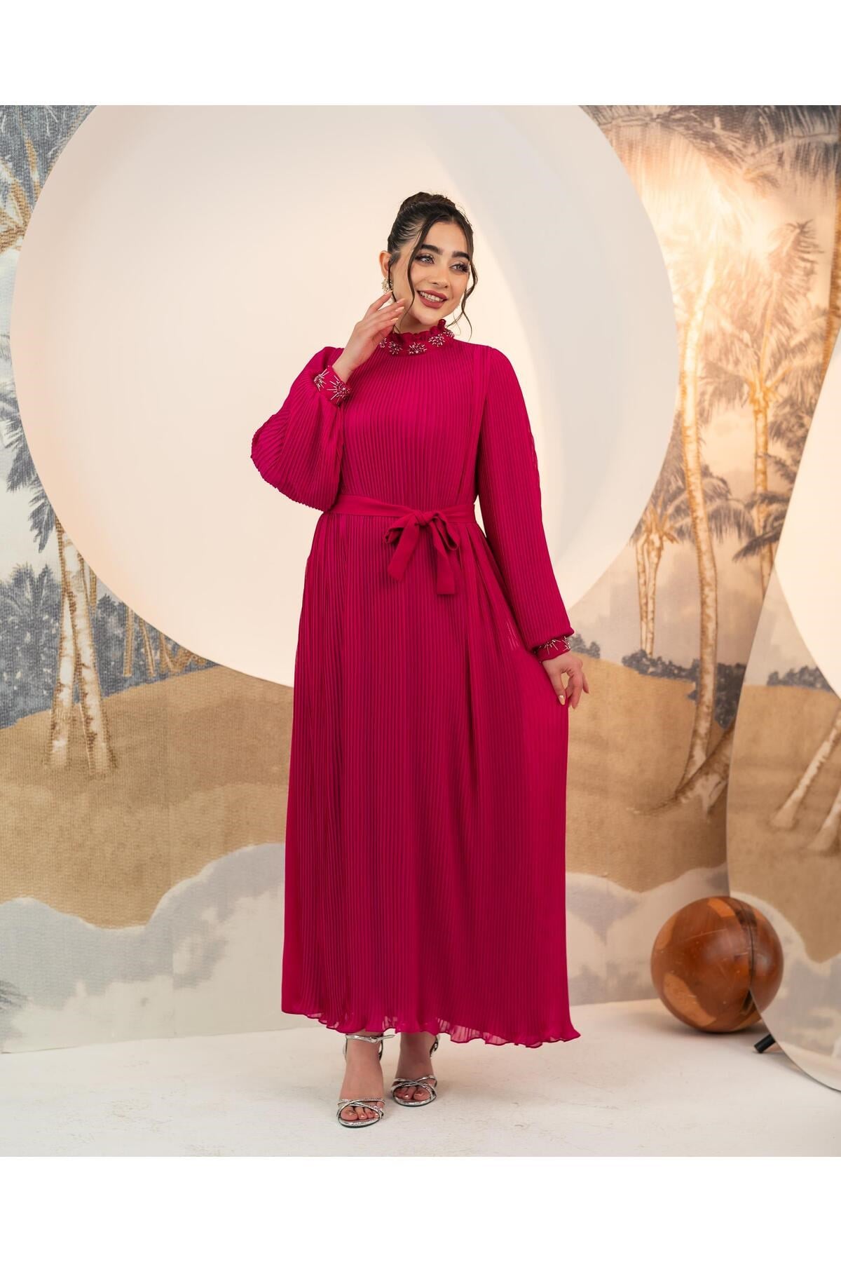 Pliseli Şifon Elbise Fuşya
