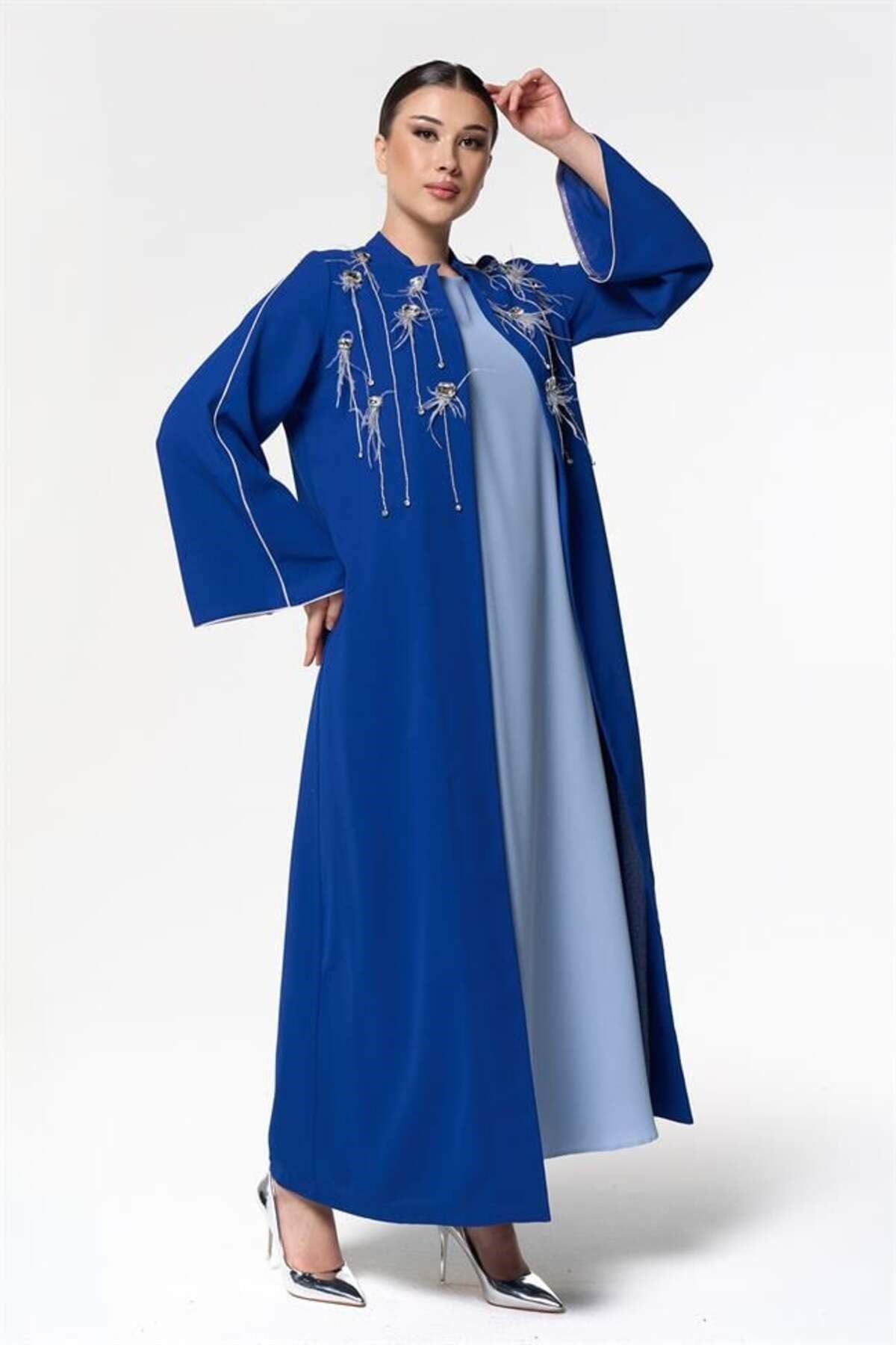 Taş İşlemeli Abaya Elbise İkili Takım Saks
