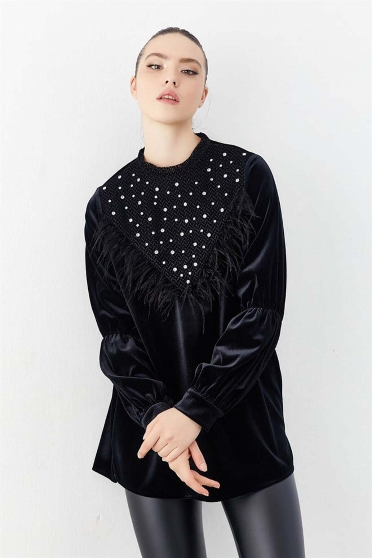 Taş İşlemeli Bluz Siyah