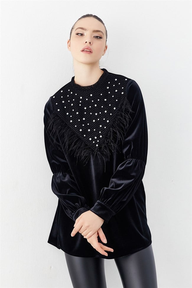 Taş İşlemeli Bluz Siyah