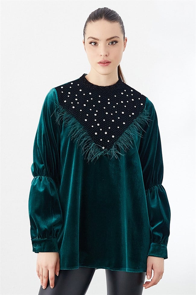 Taş İşlemeli Bluz Yeşil