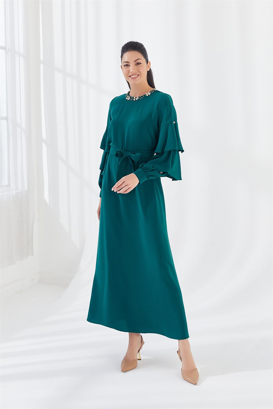 Taş İşlemeli Elbise Yeşil