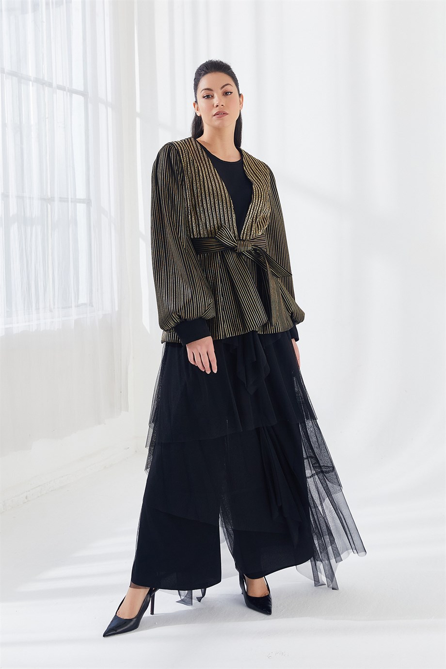 Varak Baskılı Taş İşlemeli Etek Bluz Ceket Üçlü Takım Siyah