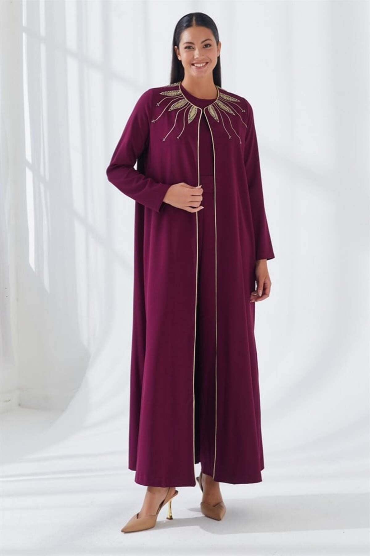 Yakası Nakış İşlemeli İkili Abaya Takım Bordo