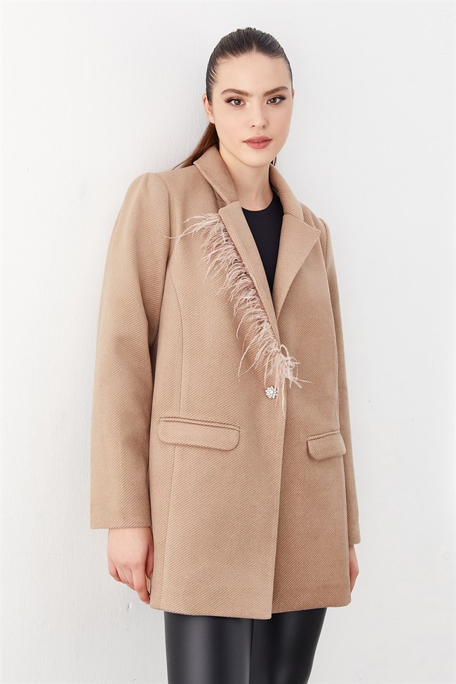 Yakası Tüylü Blazer Ceket Bej