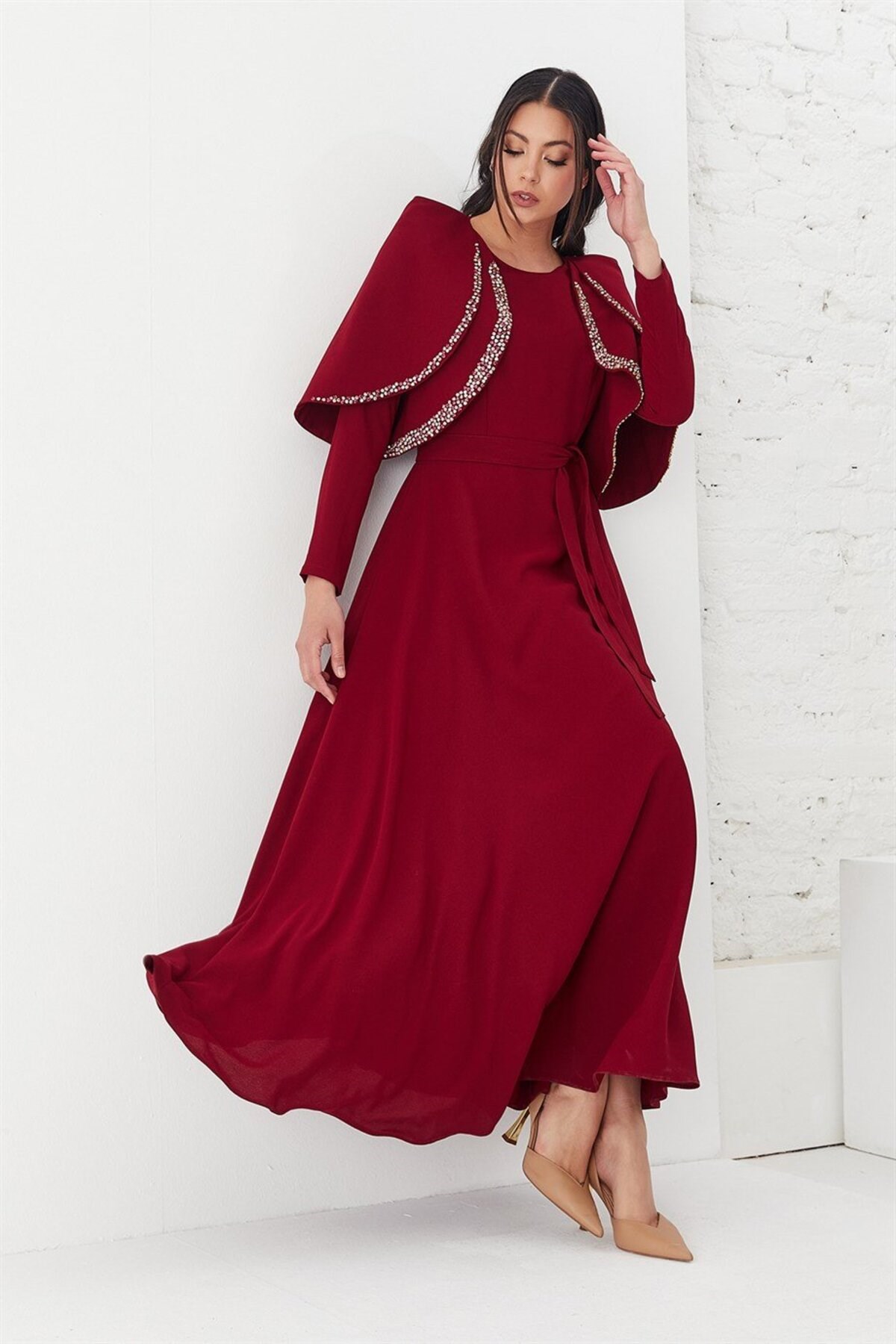 Bolero Yakalı Uzun Elbise Bordo