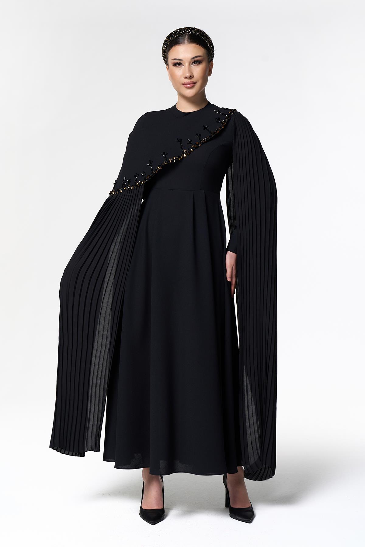 Bolerolu El İşlemeli Elbise Siyah