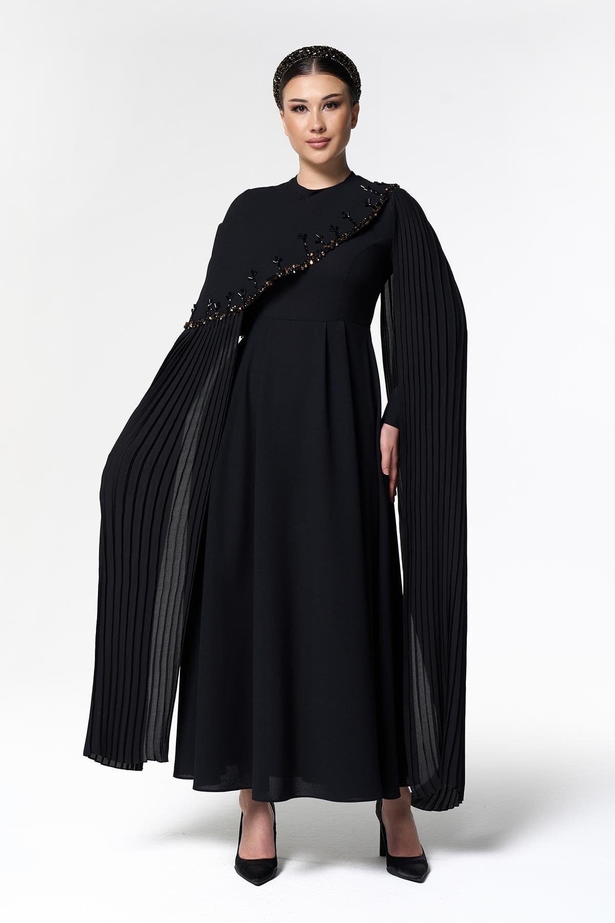 Bolerolu El İşlemeli Elbise Siyah