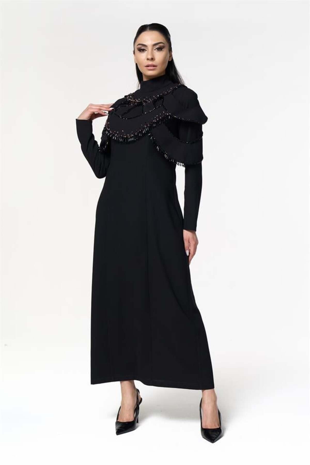 Bolerolu Ön İşlemeli Elbise Siyah