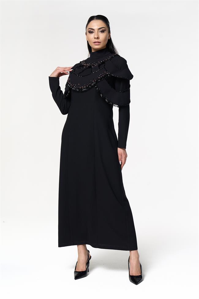 Bolerolu Ön İşlemeli Elbise Siyah