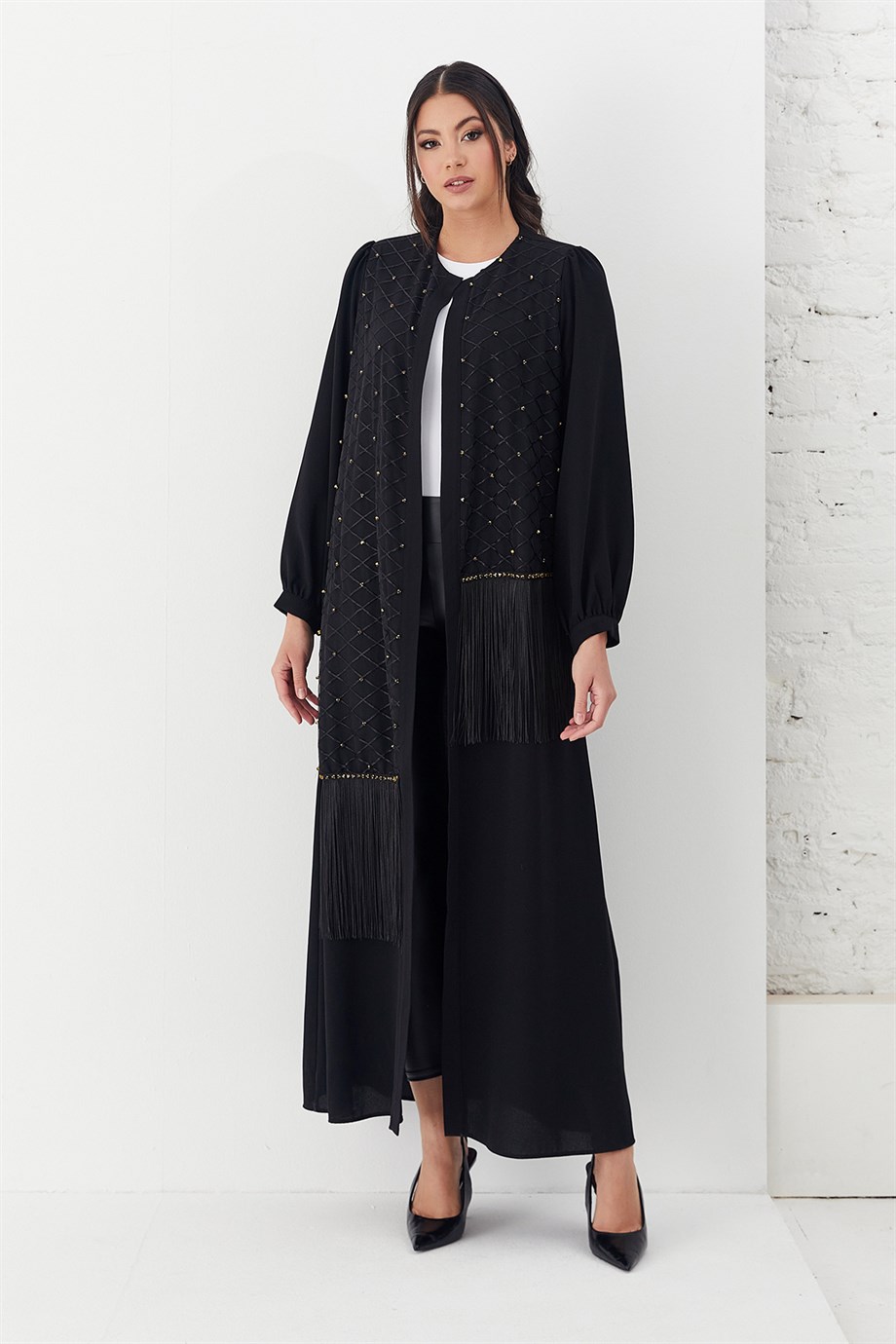 Boncuk İşlemeli Abaya Siyah