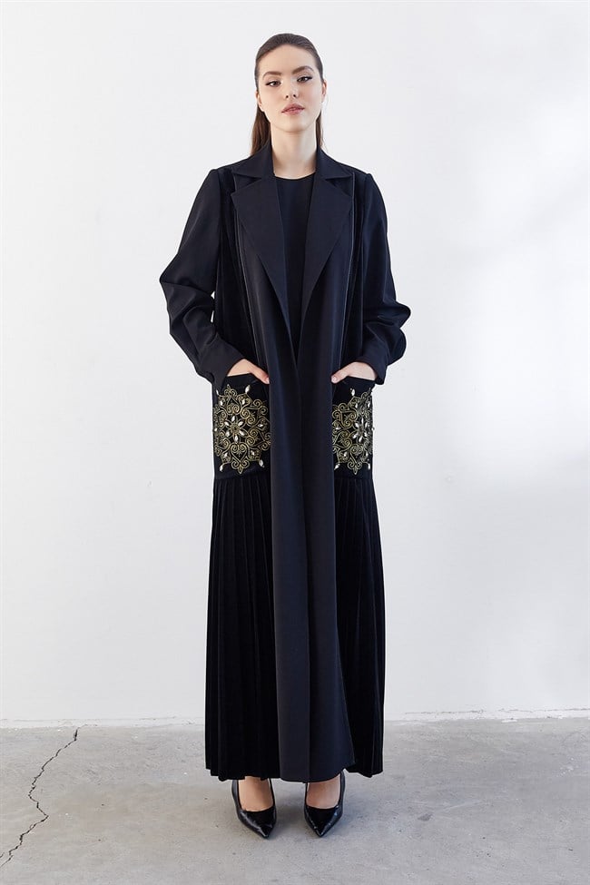 Cep Taş İşlemeli Abaya İkili Takım Siyah
