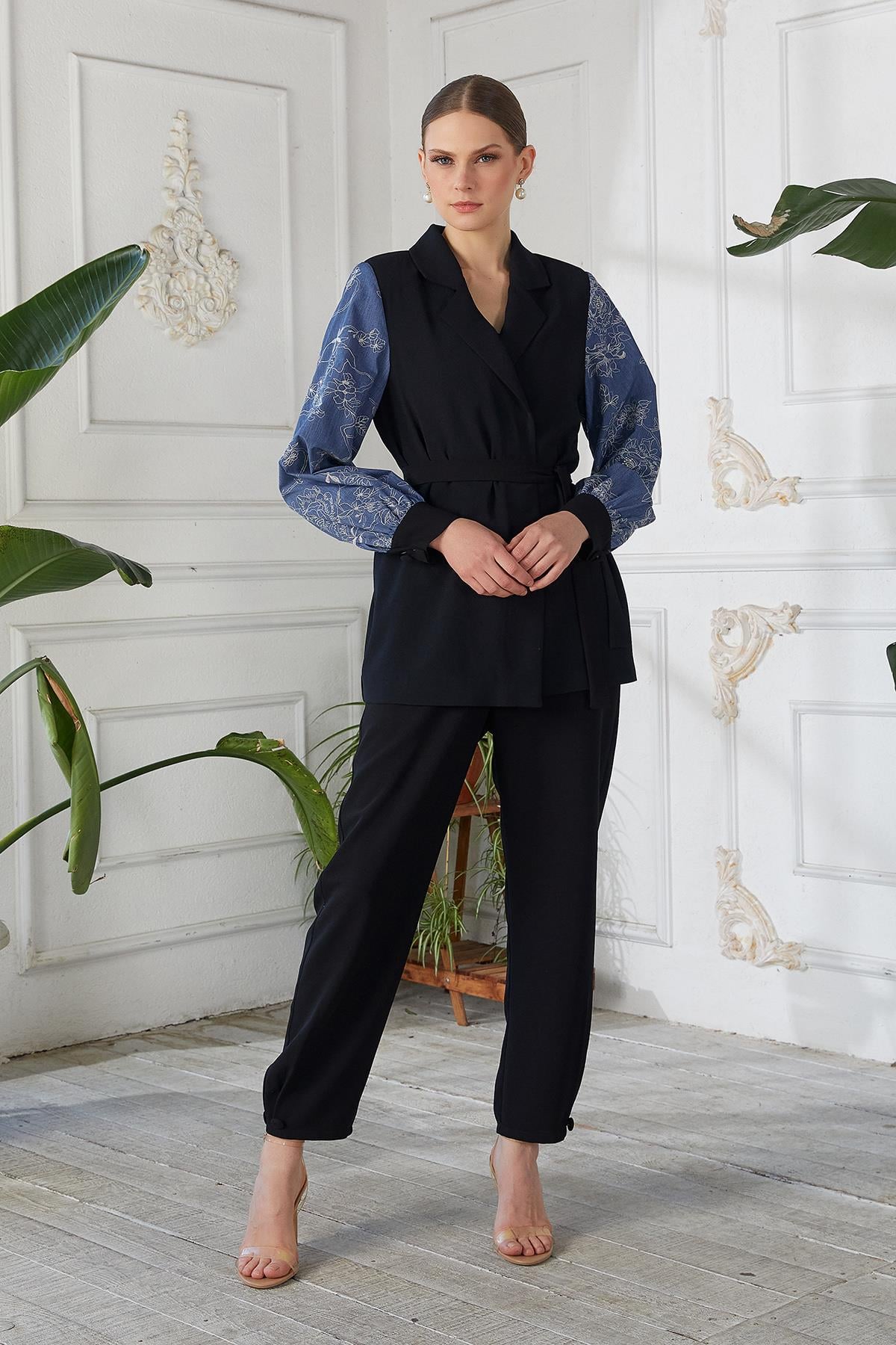 Denim İşlemeli Ceket Pantolon İkili Takım Siyah