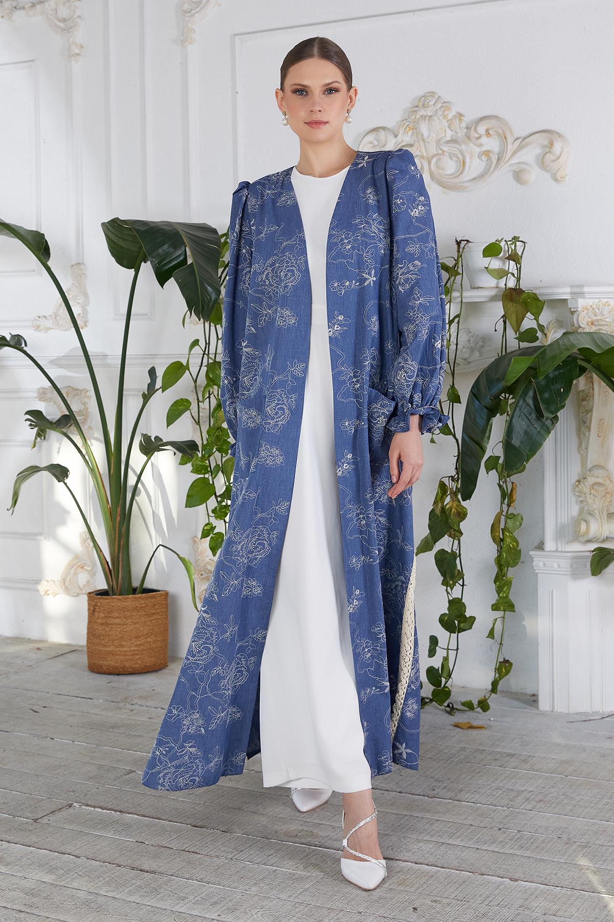 Denim Nakışlı Abaya Mavi