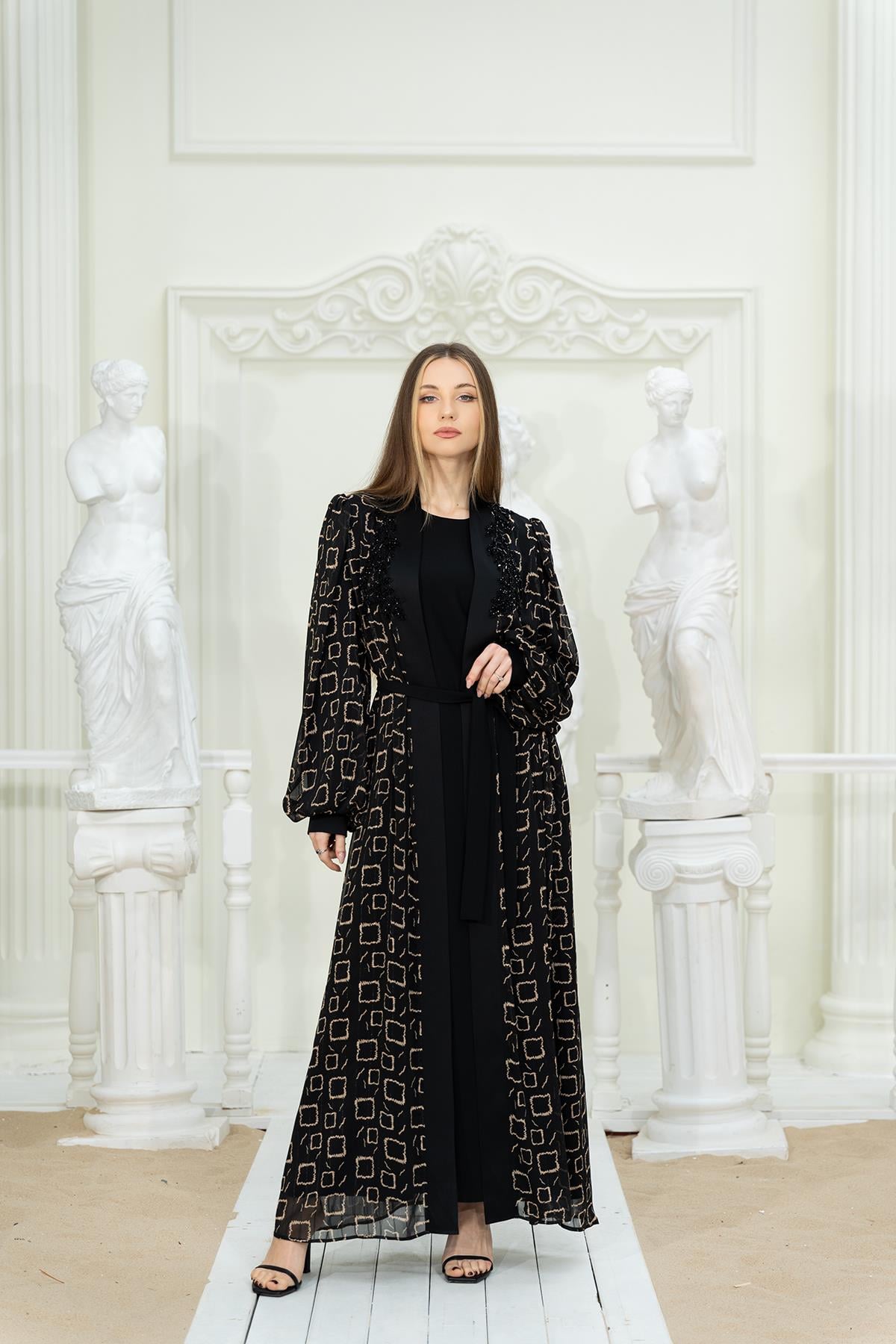 Dijital Baskılı Abaya Elbise Siyah