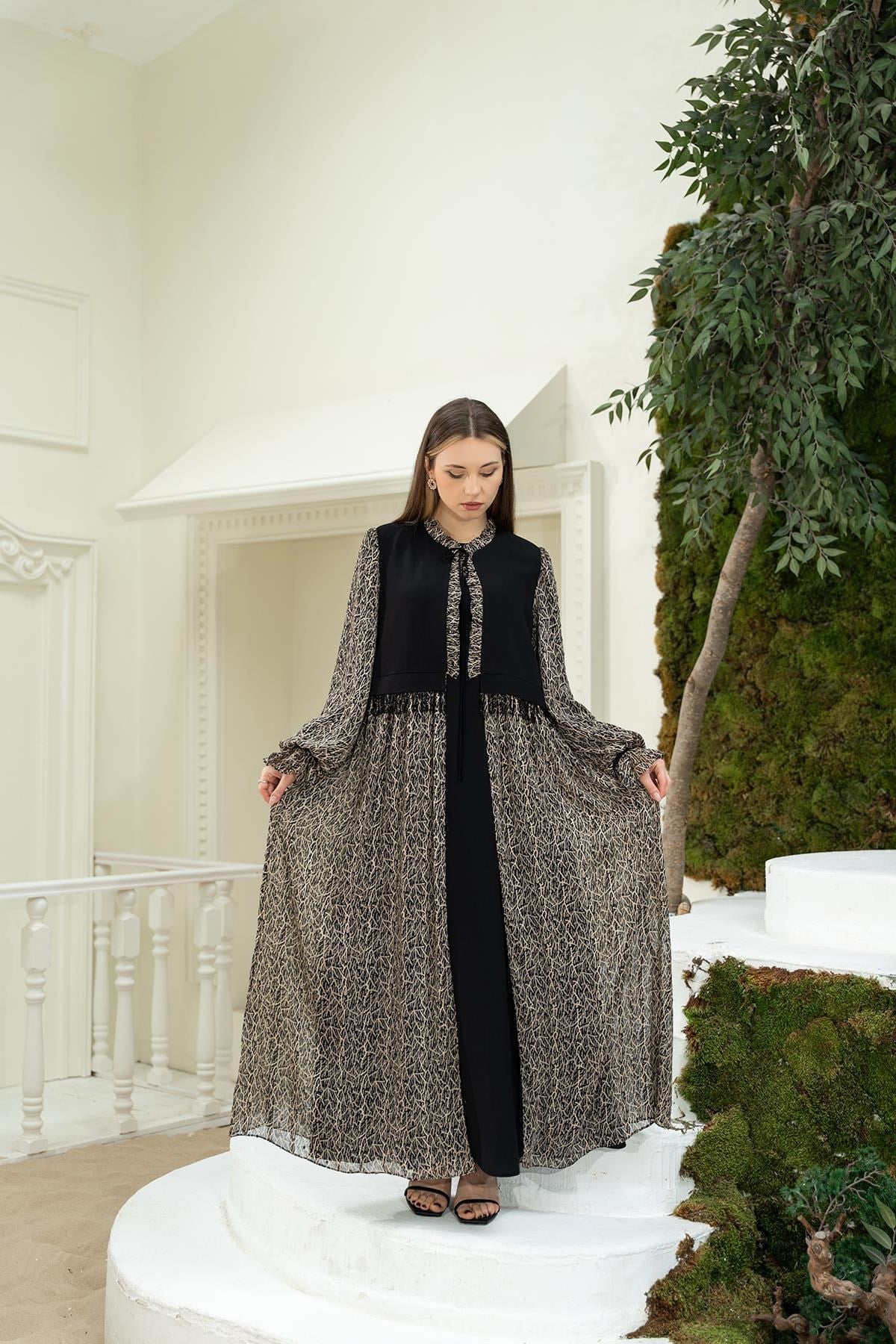 Dijital Baskılı Abaya Elbise Siyah