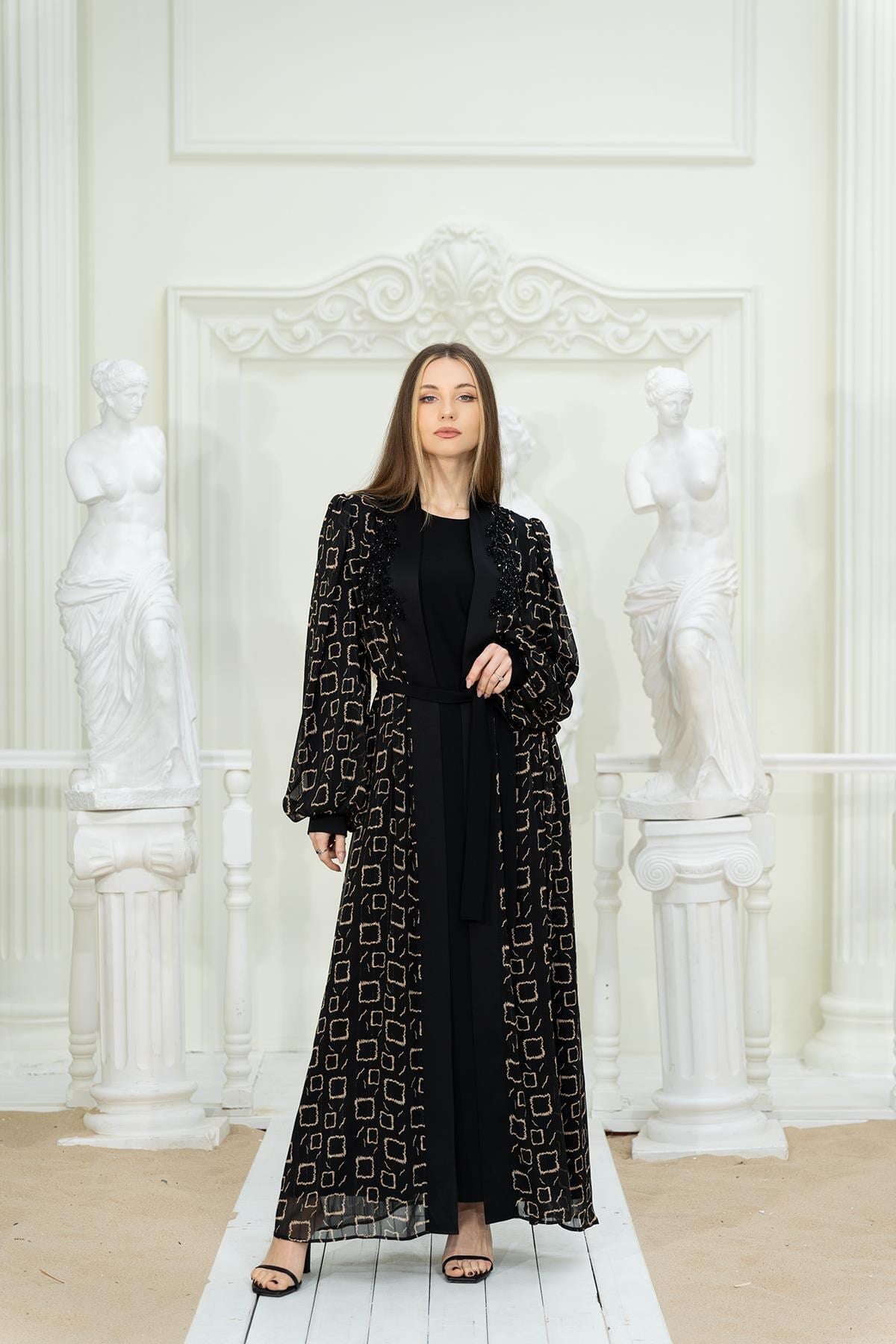 Dijital Baskılı Abaya Elbise Siyah