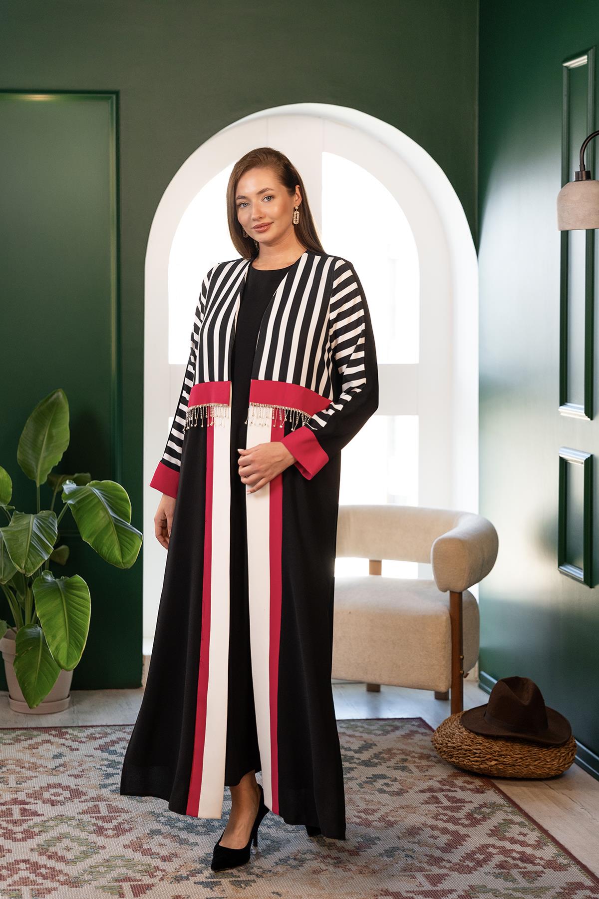 Dijital Baskılı Abaya siyah fuşya
