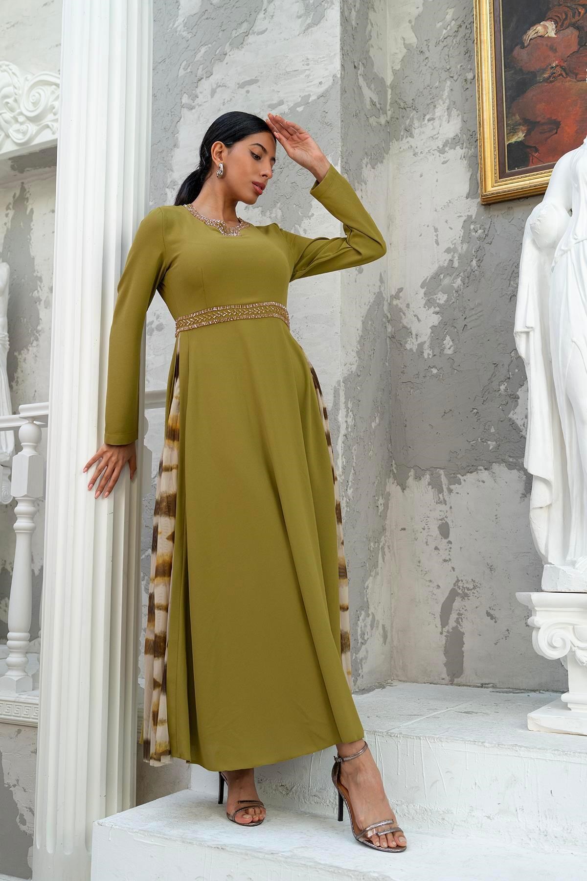 Dijital Baskılı Pliseli Elbise Yeşil