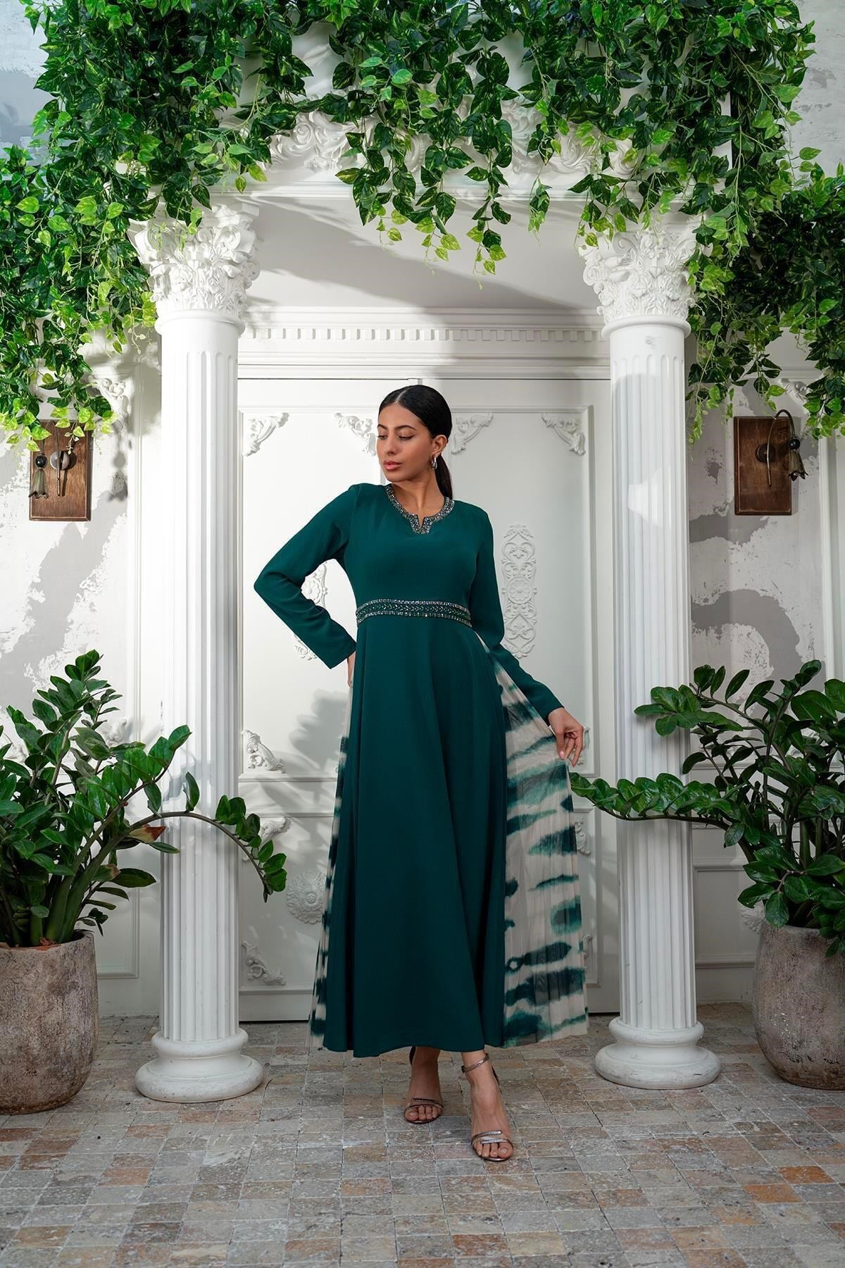 Dijital Baskılı Pliseli Elbise Zümrüt