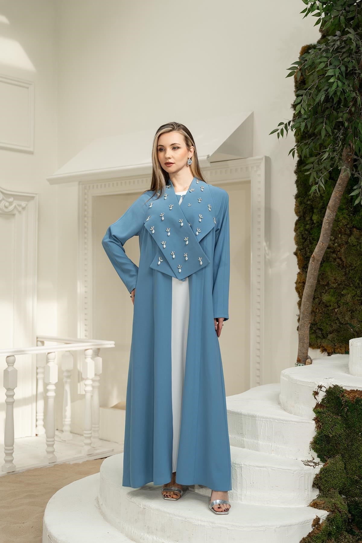 El İşi Abaya Elbise İkili Takım Mavi