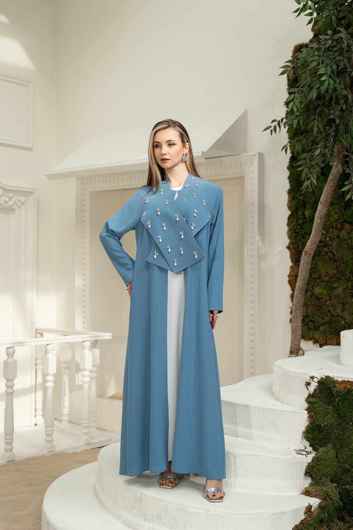 El İşi Abaya Elbise İkili Takım Mavi